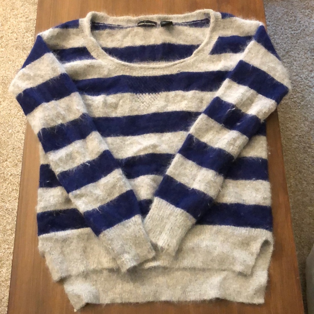 Blue and gray striped sweater.